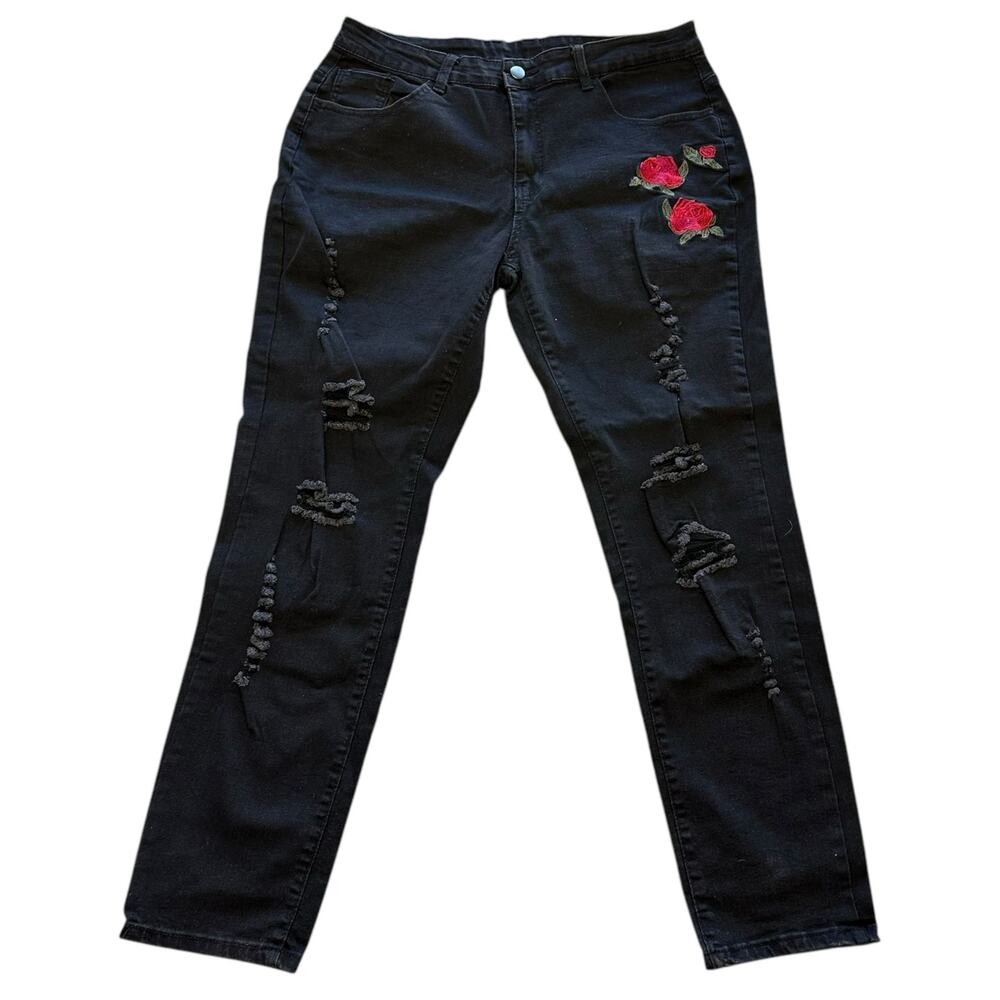 Womens Pants Size Large Black Rose Floral Soft Goth Punk Biker